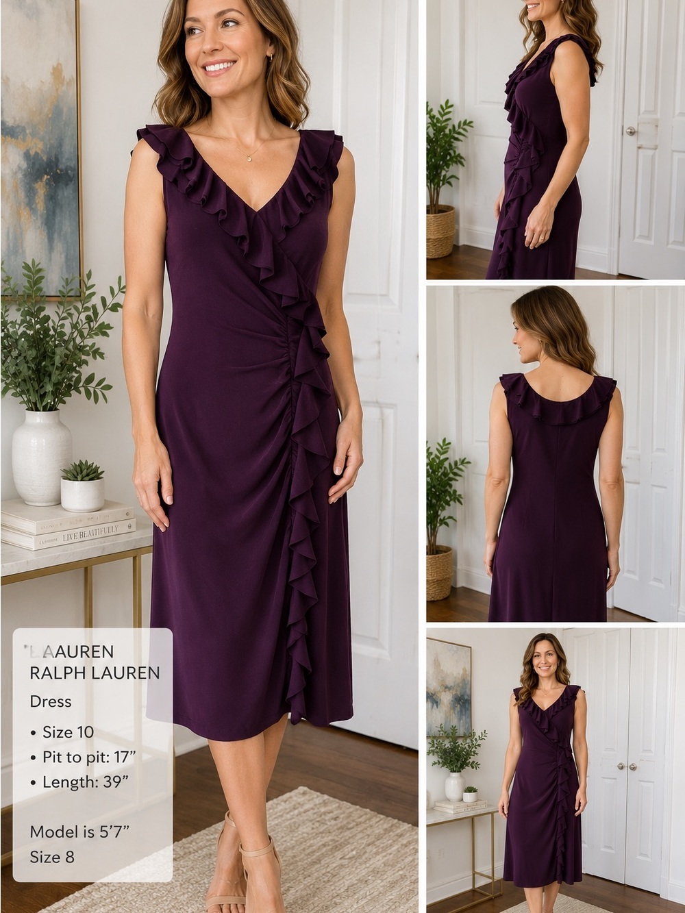 Lauren Ralph Lauren Plum Ruffle Faux Wrap Cocktail Dress Size 10 Elegant